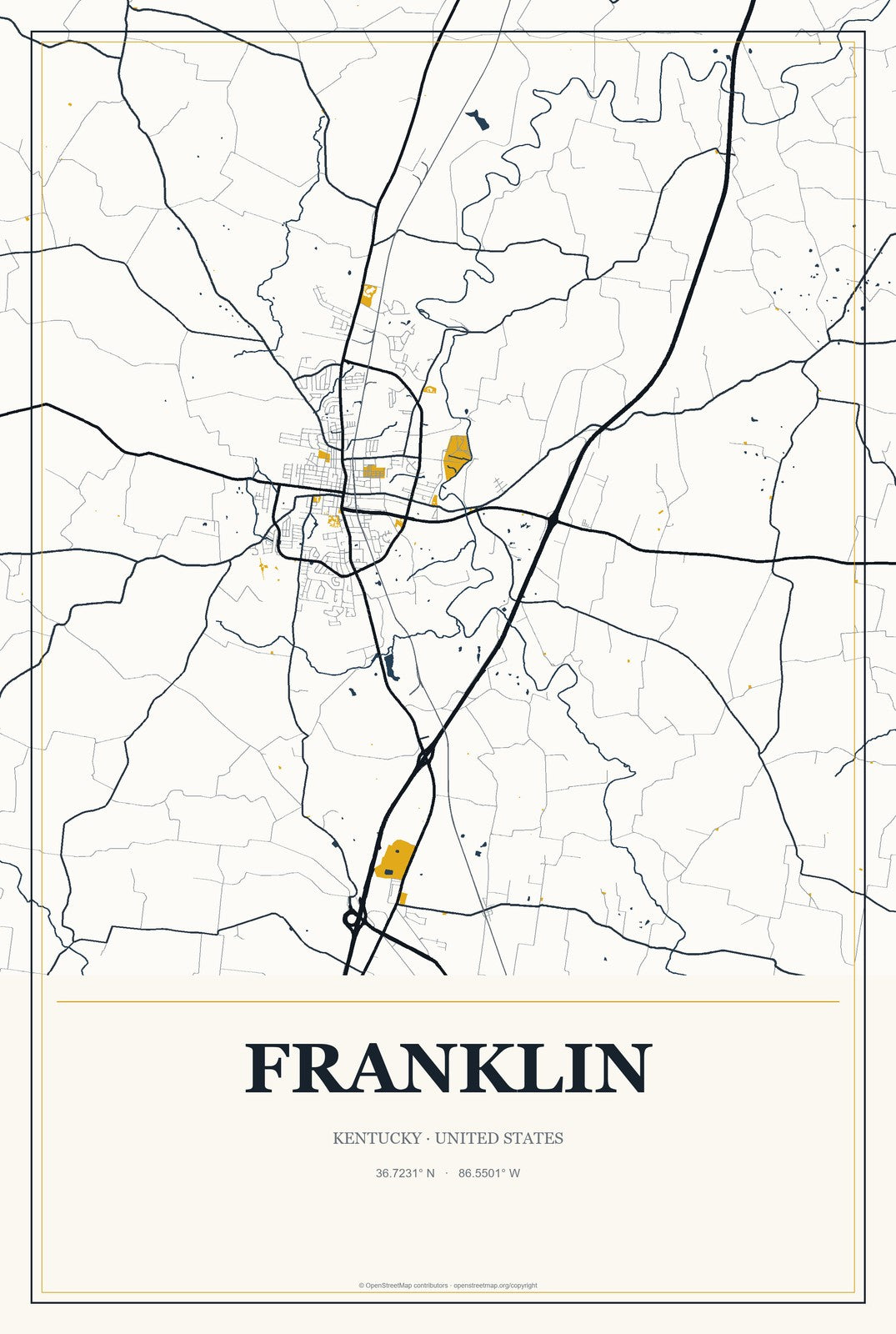 Franklin, Kentucky City Map Aluminum Sign in Citrine Modern style