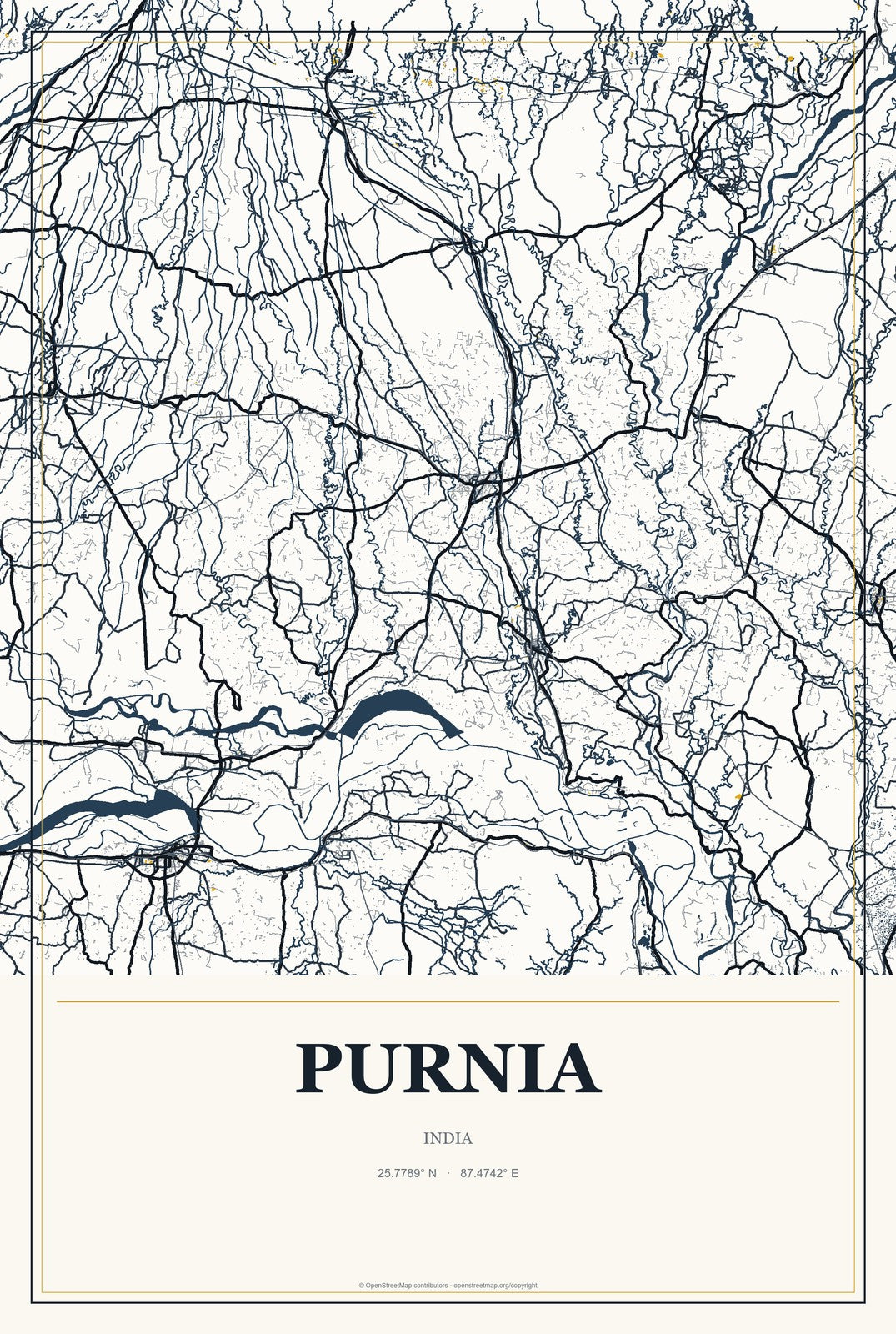 Purnia, India City Map Aluminum Sign in Citrine Modern style