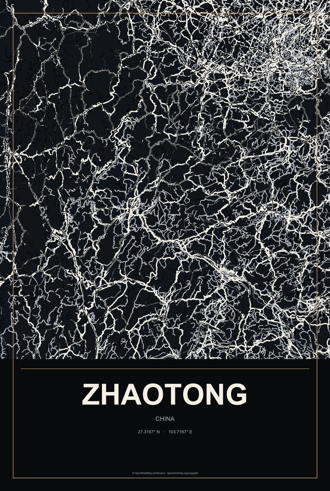 Zhaotong, China City Map Aluminum Sign in Metropolitan Noir style