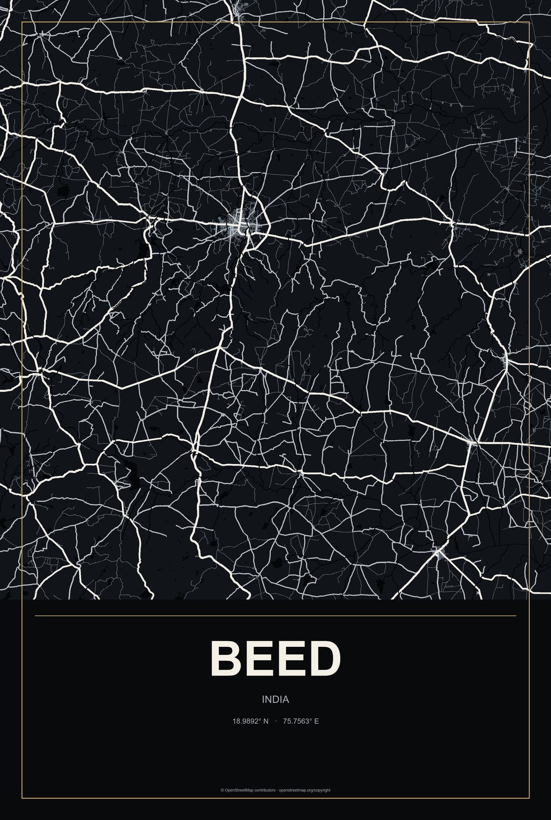 Beed, India City Map Aluminum Sign in Metropolitan Noir style