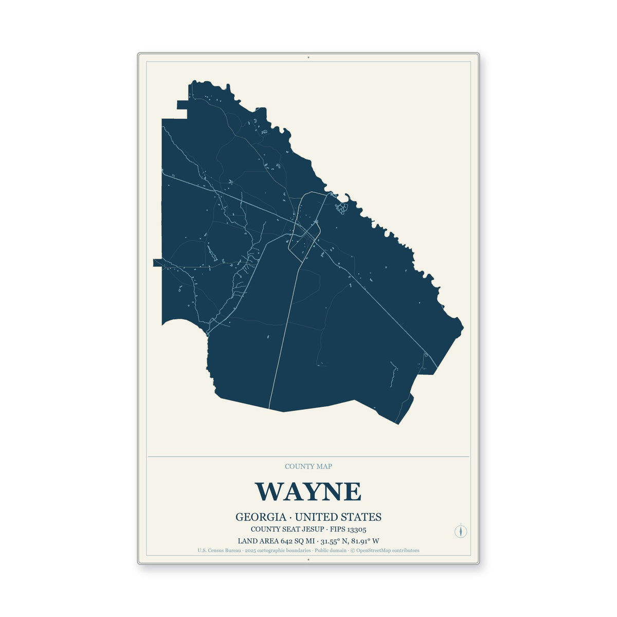 Wayne County, Georgia Map Aluminum Sign in Coastal Cutout style