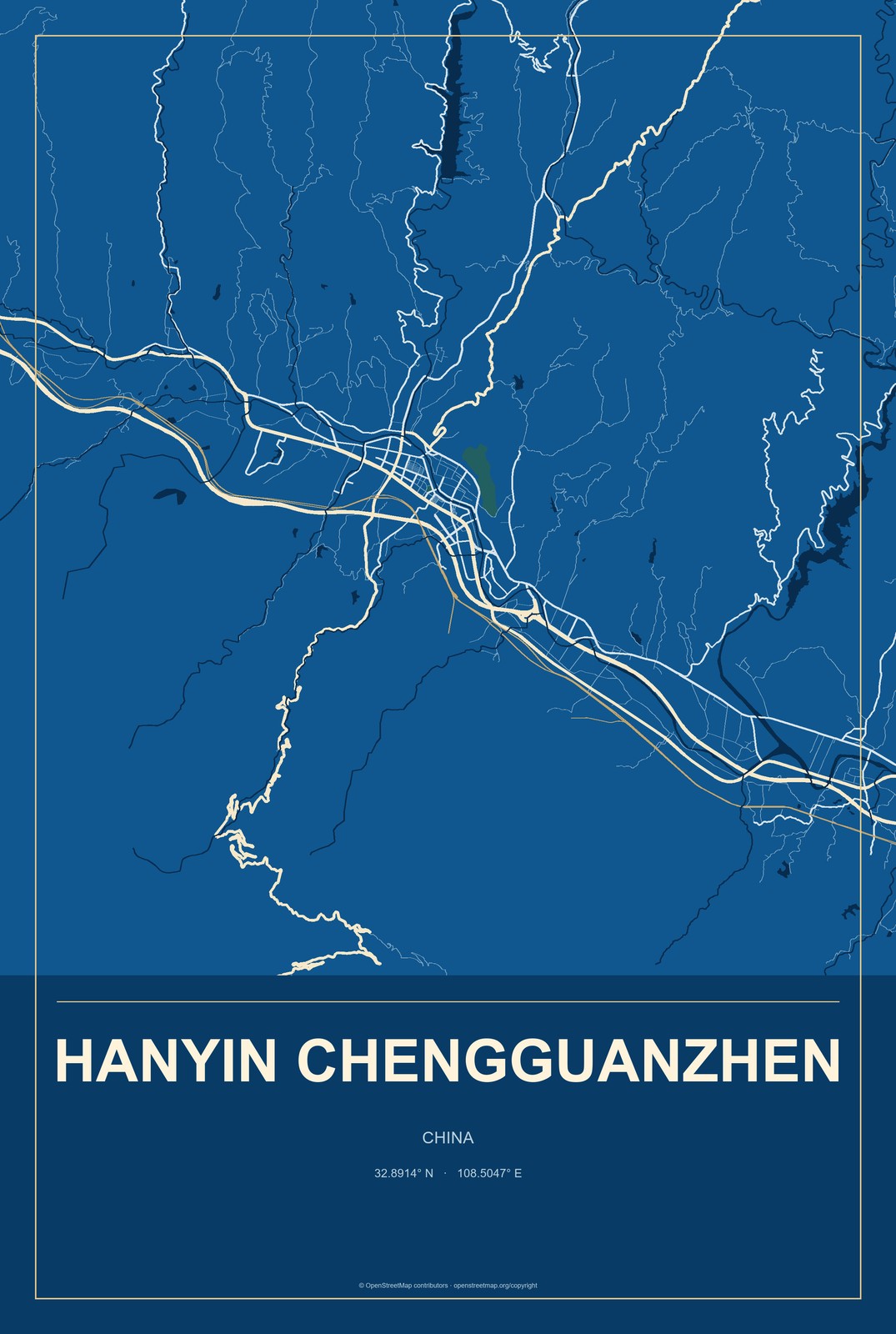 Hanyin Chengguanzhen, China City Map Aluminum Sign in Harbor Cobalt style