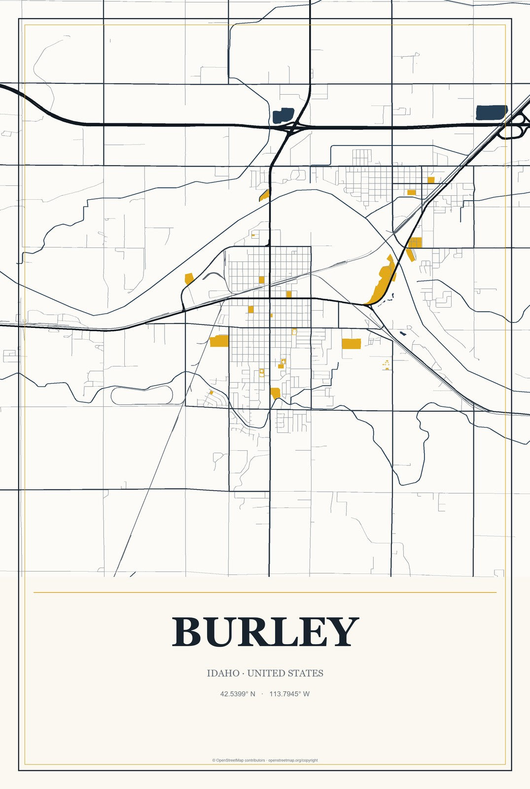 Burley, Idaho City Map Aluminum Sign in Citrine Modern style
