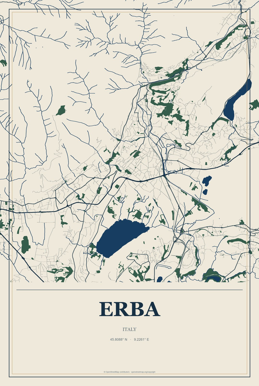 Erba, Italy City Map Aluminum Sign in Coastal Cutout style