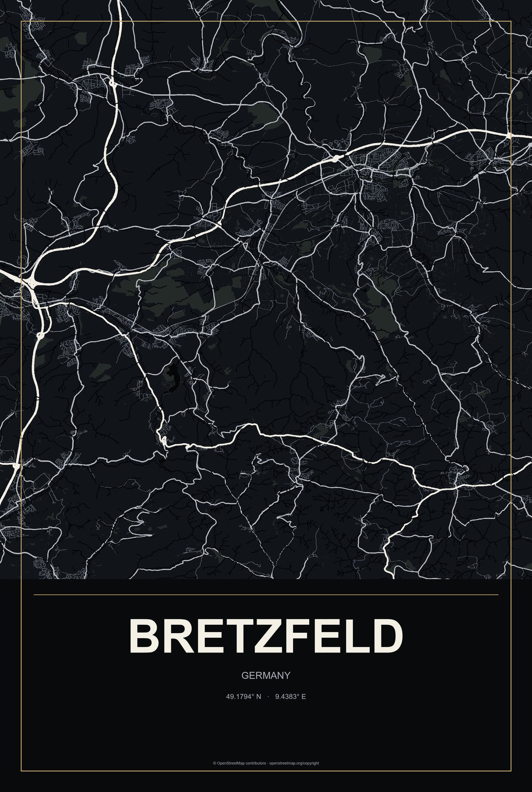 Bretzfeld, Germany City Map Aluminum Sign in Metropolitan Noir style