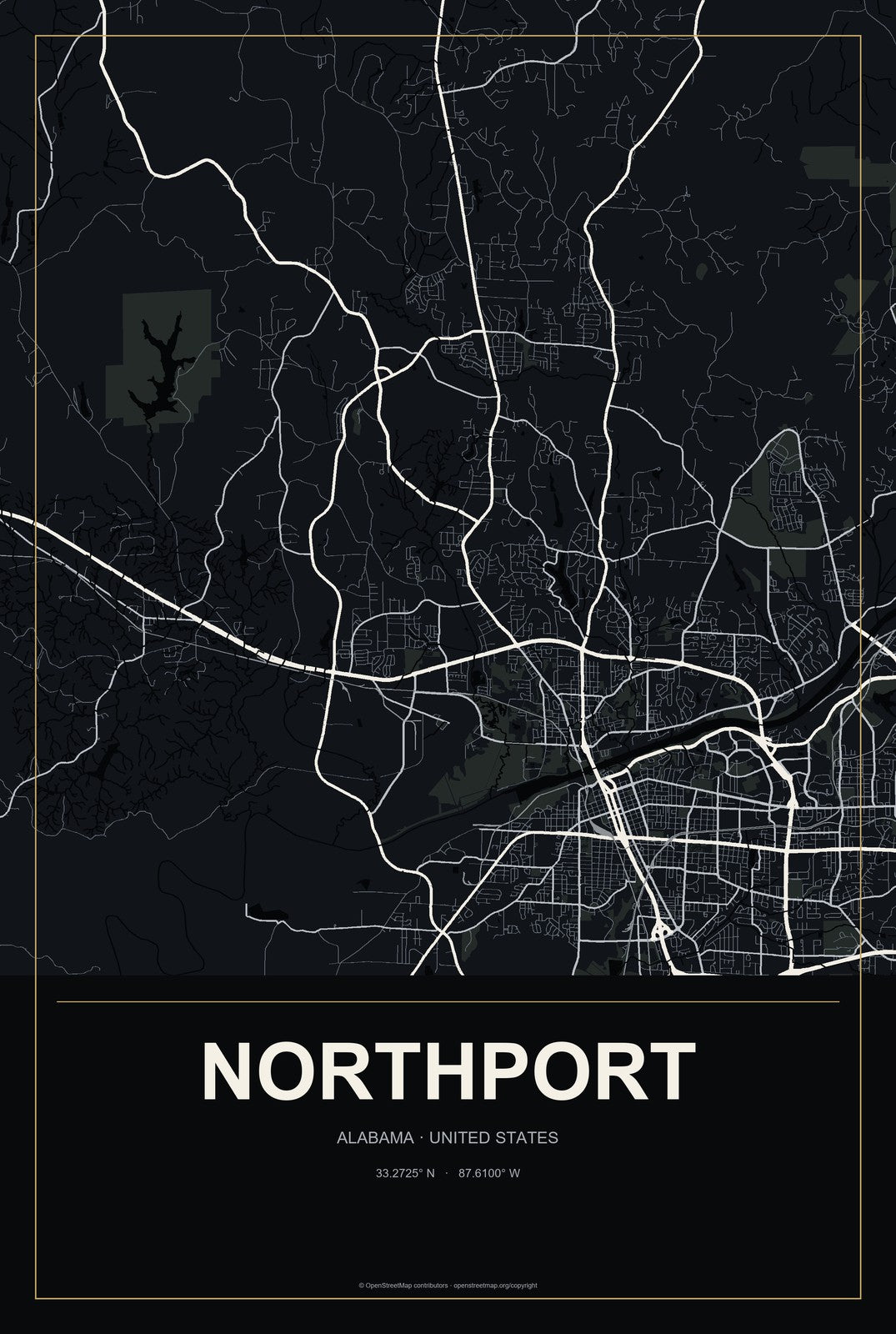 Northport, Alabama City Map Aluminum Sign in Metropolitan Noir style
