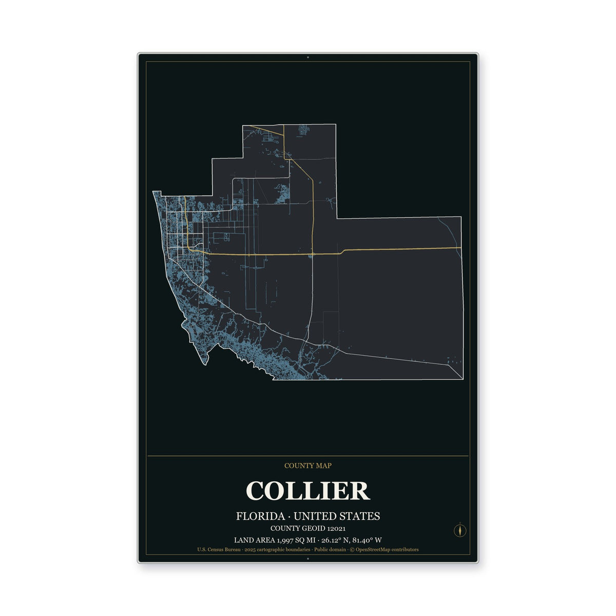 Collier County, Florida Map Aluminum Sign in Metropolitan Noir style