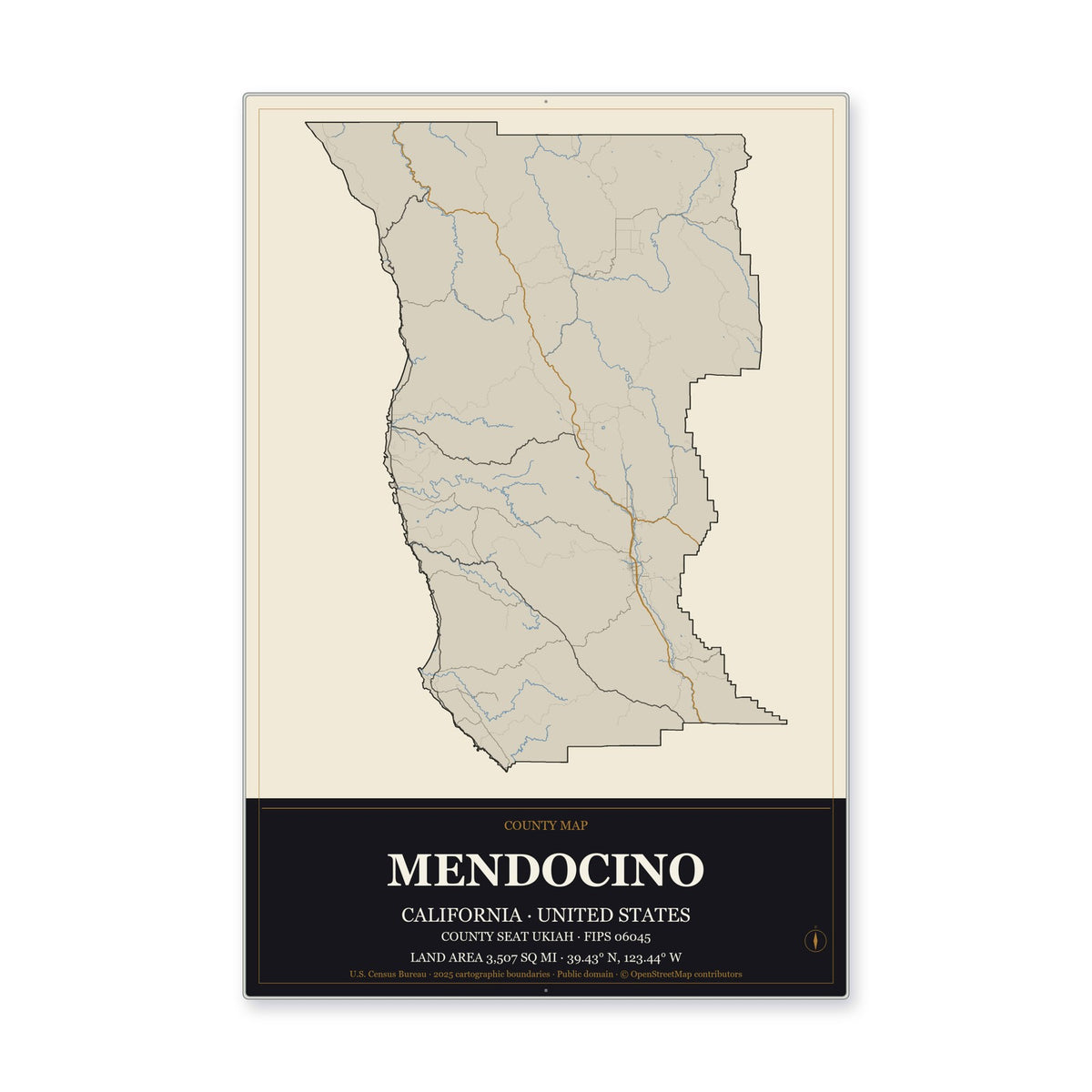 Mendocino County, California Map Aluminum Sign in Museum Plaque style