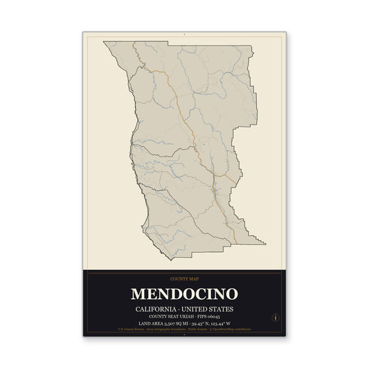 Mendocino County, California Map Aluminum Sign in Museum Plaque style