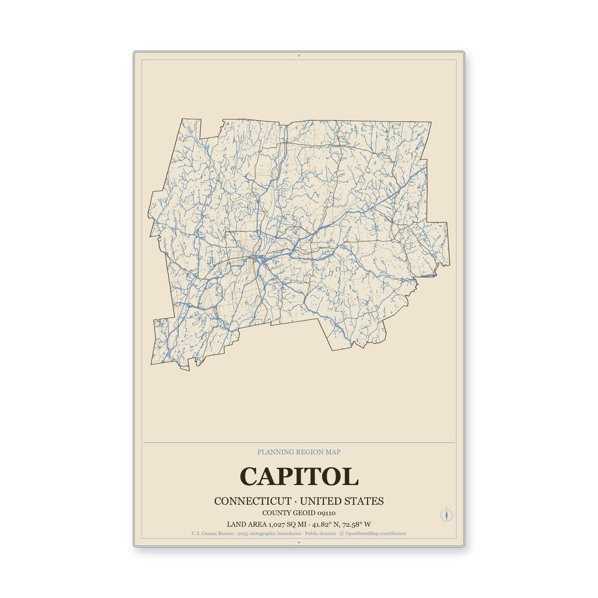 Capitol Planning Region, Connecticut Map Aluminum Sign in Heritage Nautical style