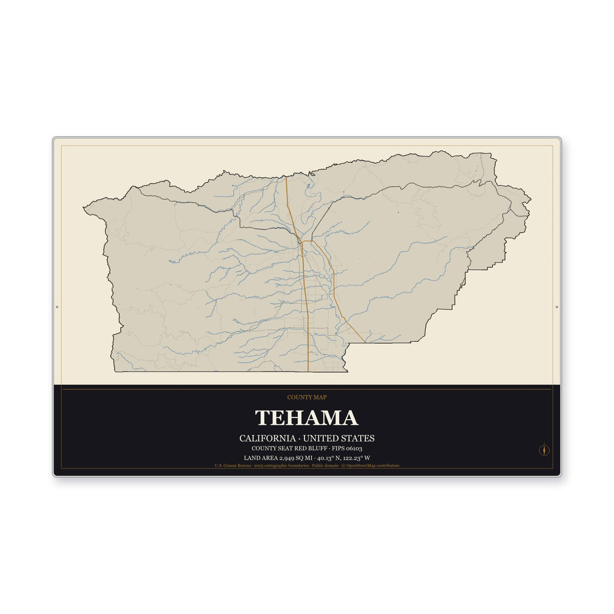 Tehama County, California Map Aluminum Sign in Museum Plaque style