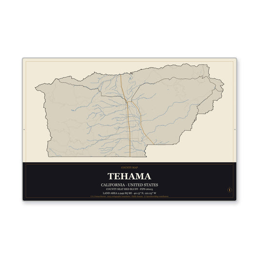 Tehama County, California Map Aluminum Sign in Museum Plaque style