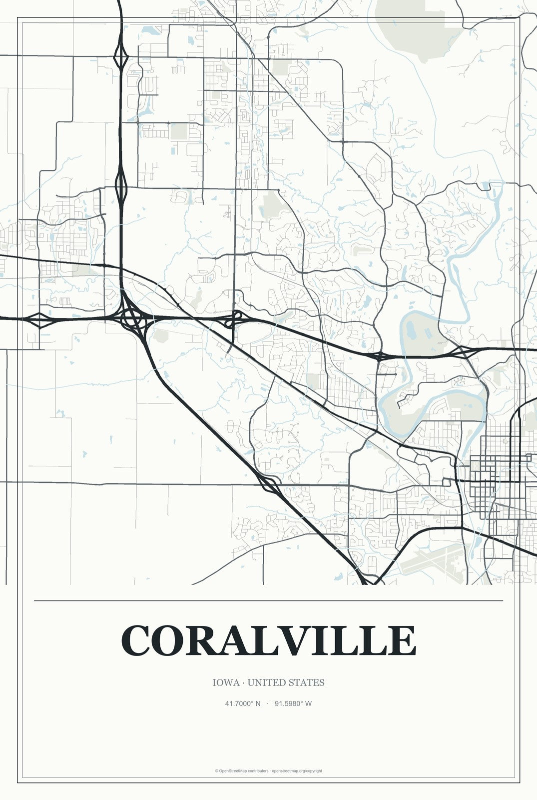Coralville, Iowa City Map Aluminum Sign in Gallery Air style