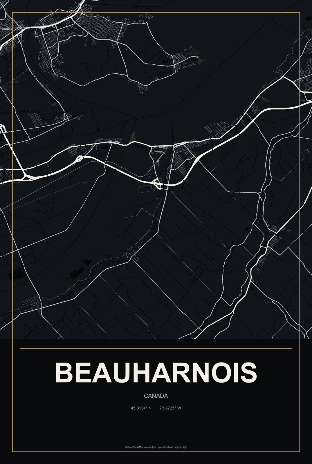 Beauharnois, Canada City Map Aluminum Sign in Metropolitan Noir style
