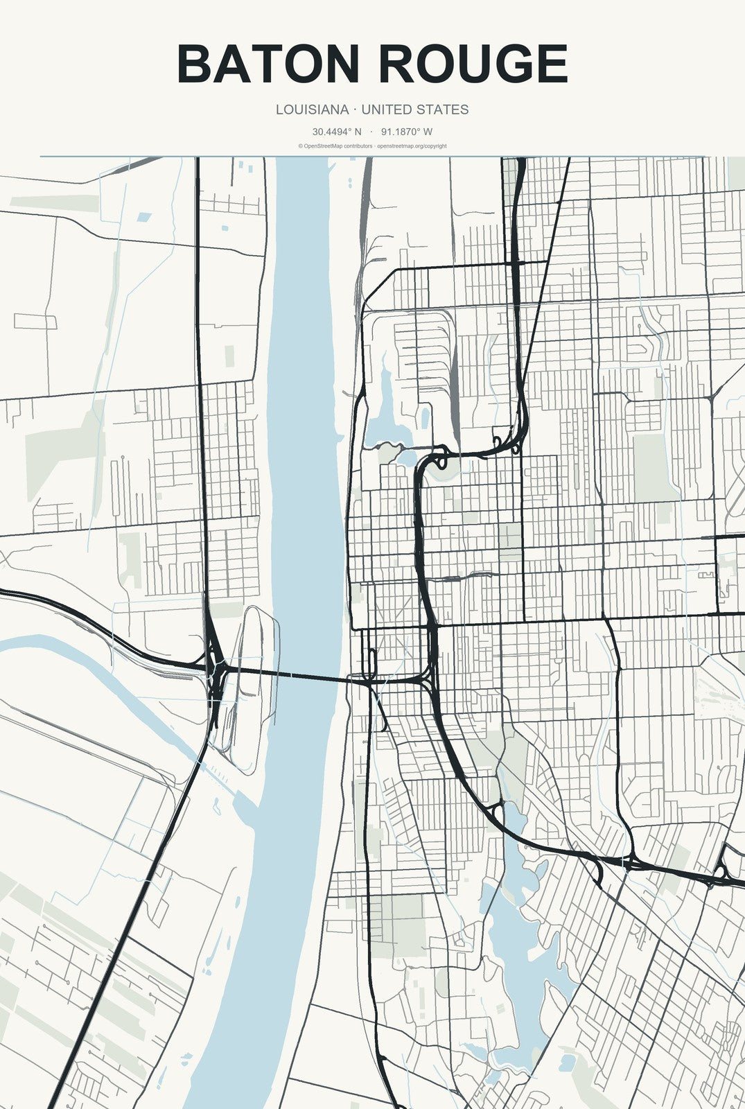 Baton Rouge, Louisiana City Map Aluminum Sign in Headline Atlas style