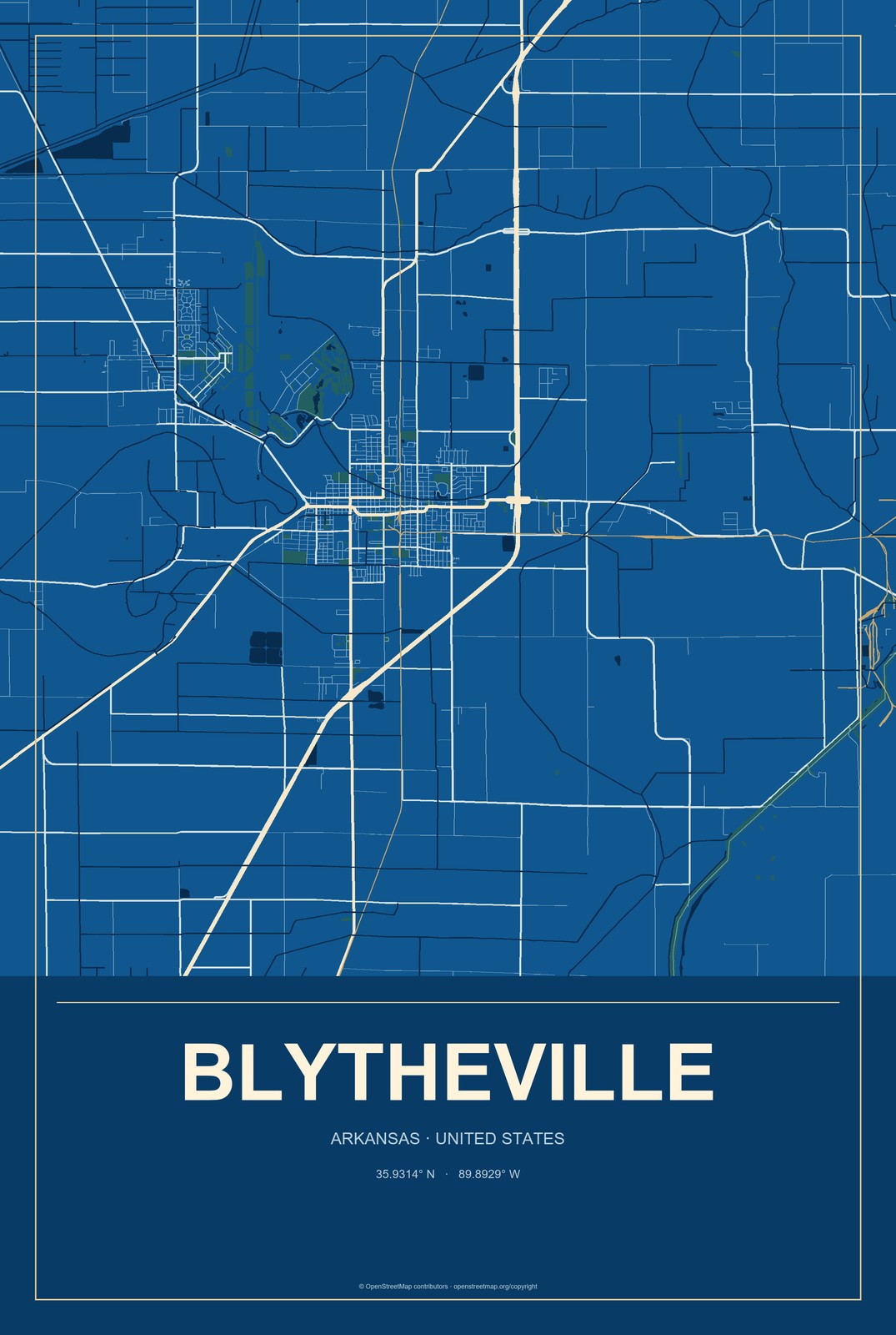 Blytheville, Arkansas City Map Aluminum Sign in Harbor Cobalt style