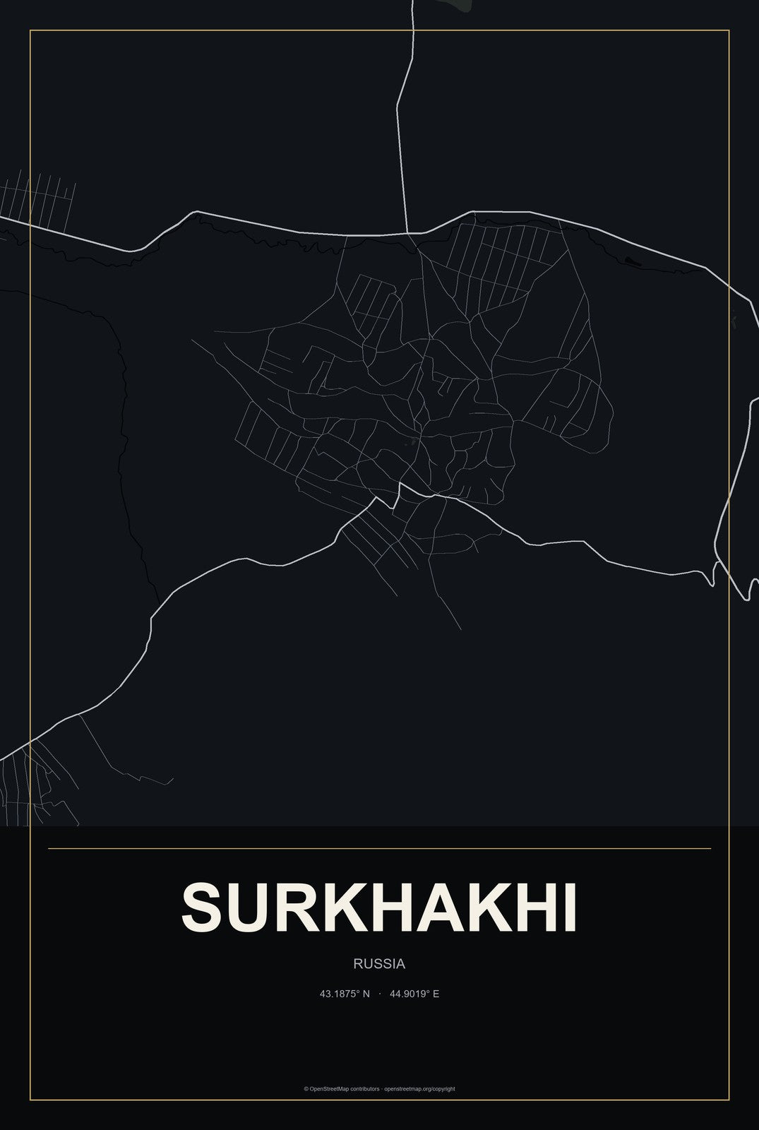 Surkhakhi, Russia City Map Aluminum Sign in Metropolitan Noir style