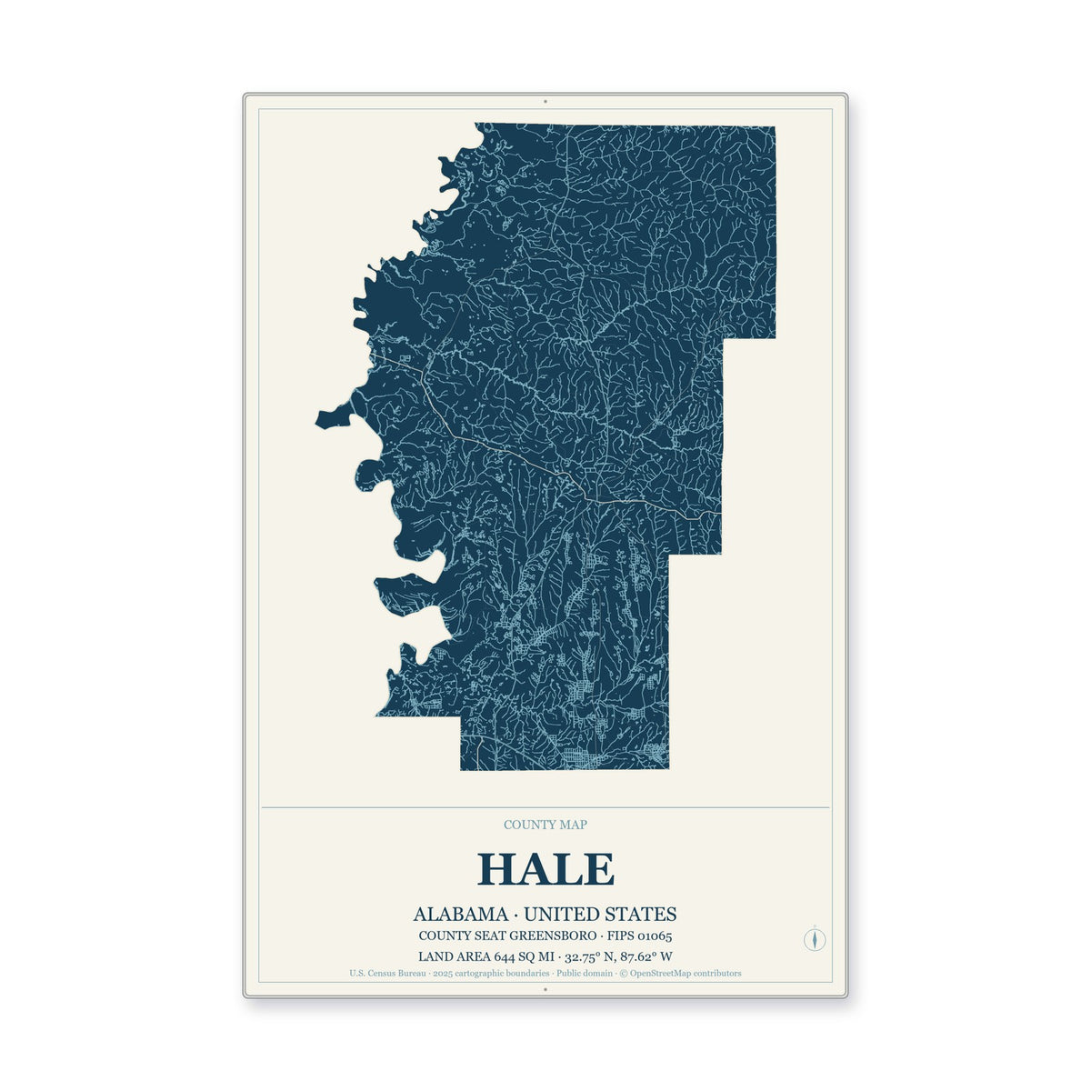 Hale County, Alabama Map Aluminum Sign in Coastal Cutout style