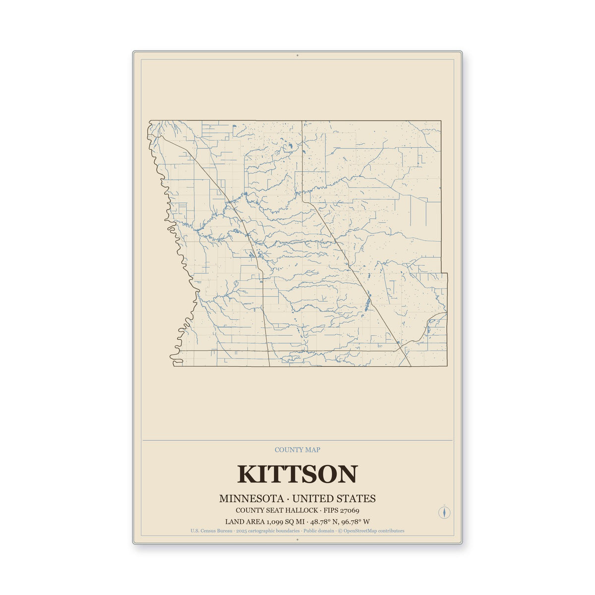 Kittson County, Minnesota Map Aluminum Sign in Heritage Nautical style