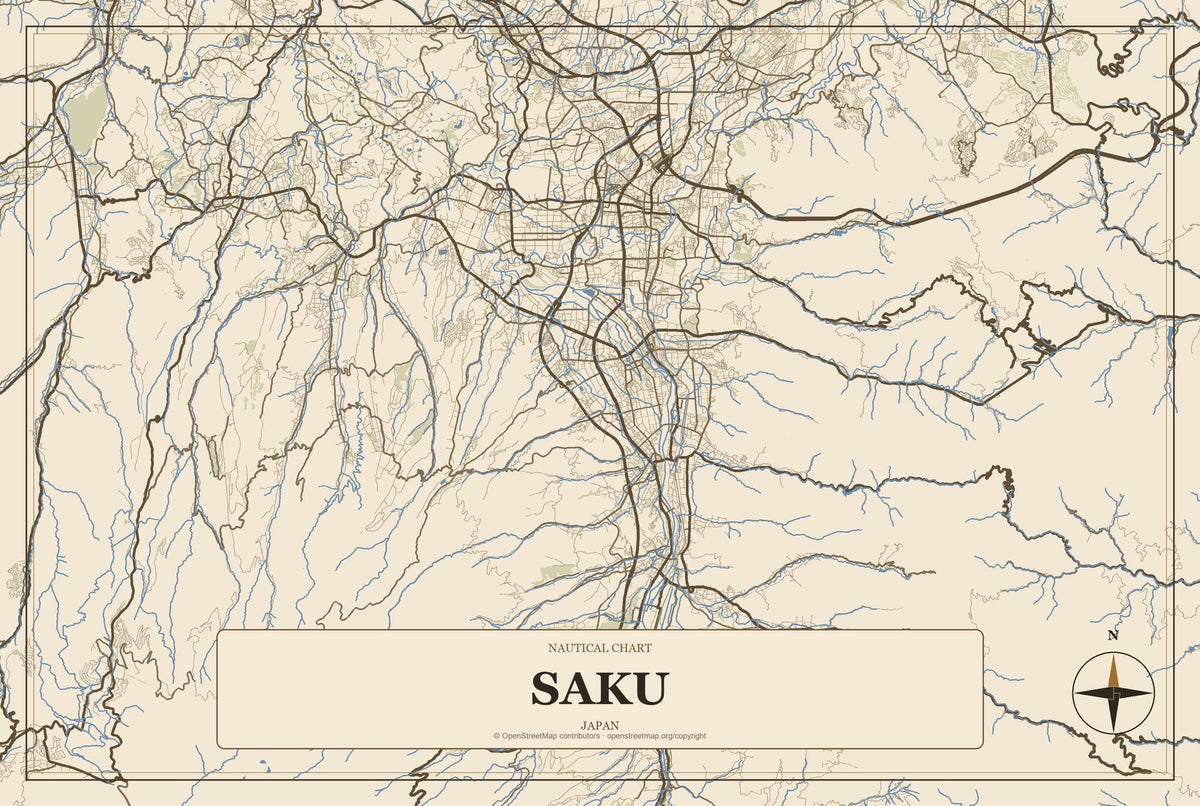 Saku, Japan City Map Aluminum Sign in Heritage Nautical style