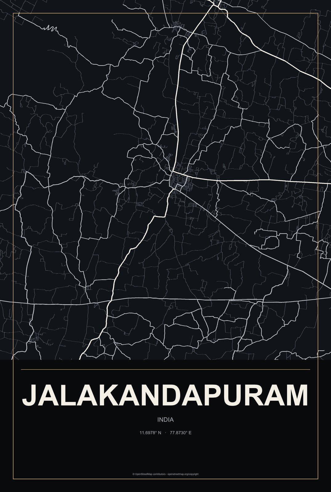 Jalakandapuram, India City Map Aluminum Sign in Metropolitan Noir style