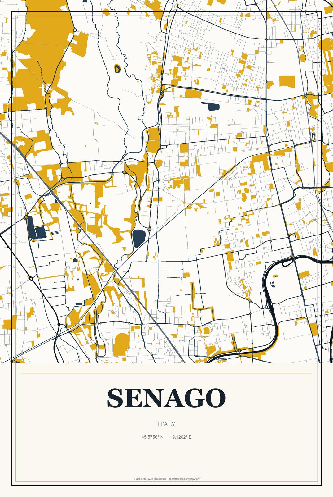 Senago, Italy City Map Aluminum Sign in Citrine Modern style
