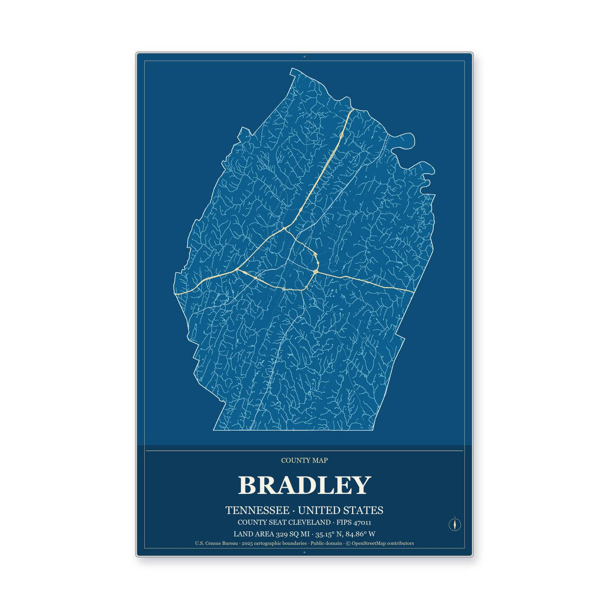 Bradley County, Tennessee Map Aluminum Sign in Harbor Cobalt style