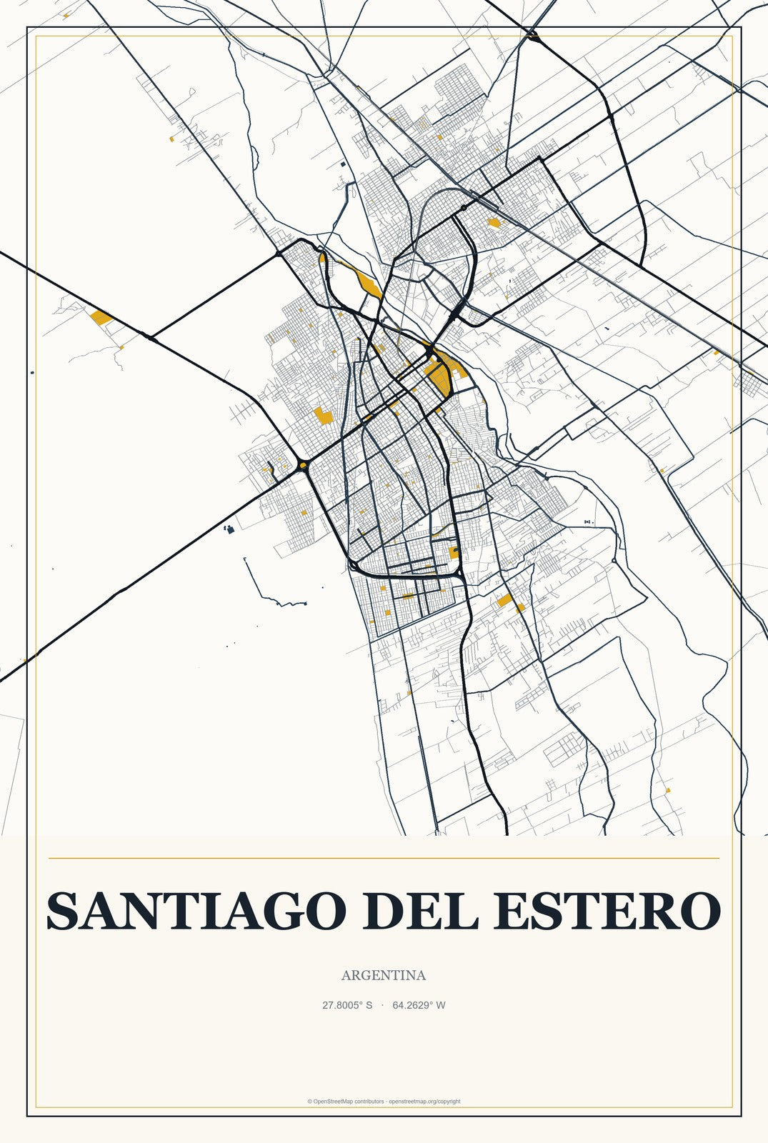 Santiago del Estero, Argentina City Map Aluminum Sign in Citrine Modern style