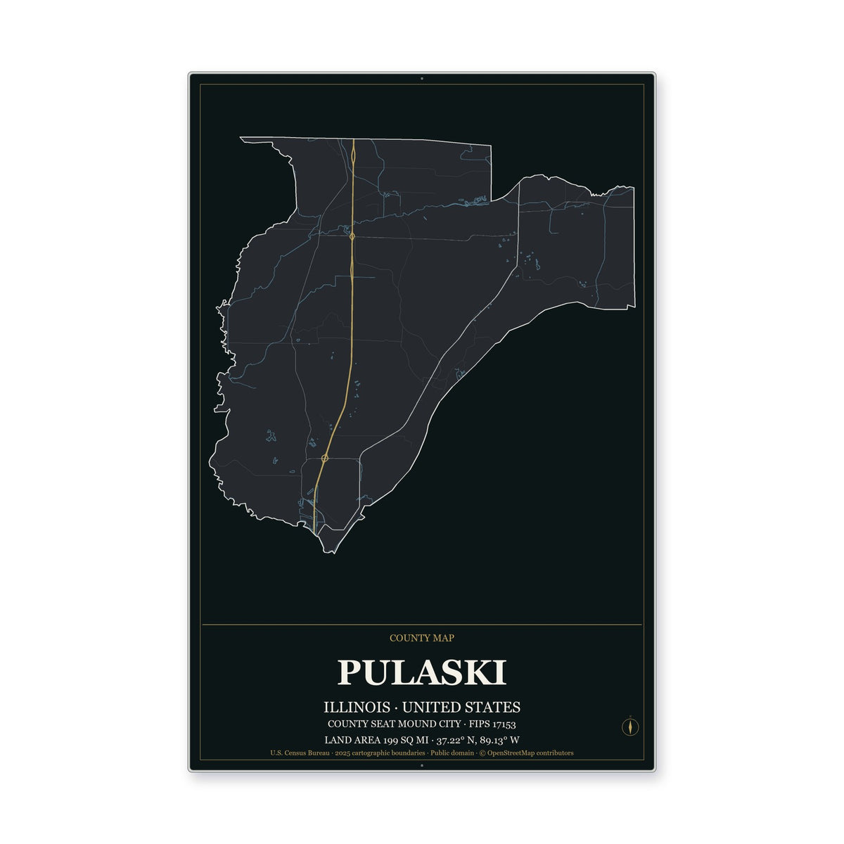 Pulaski County, Illinois Map Aluminum Sign in Metropolitan Noir style