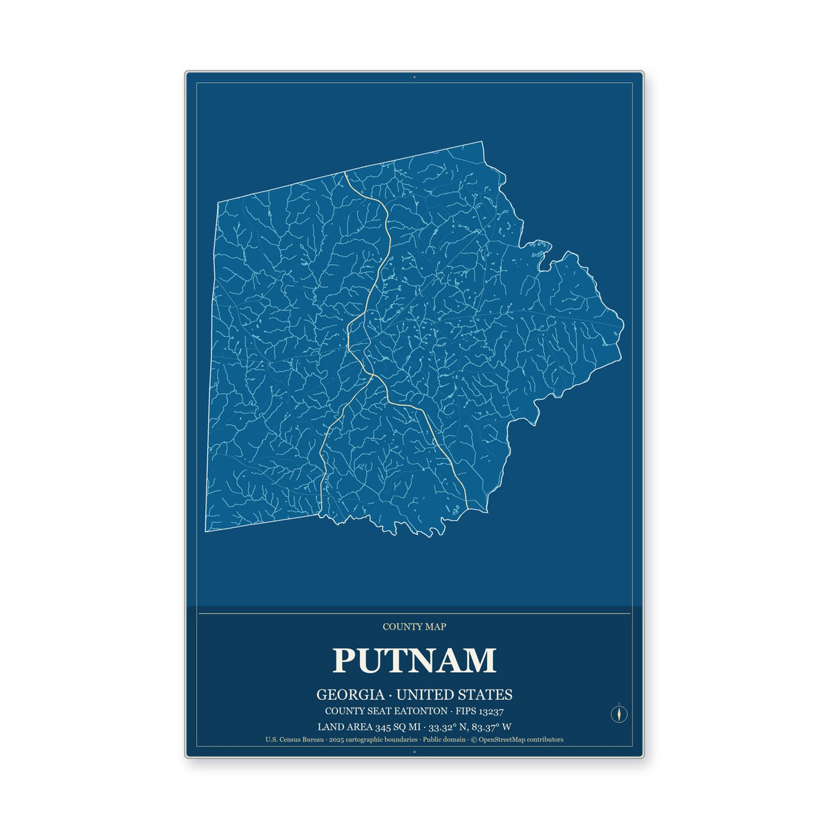 Putnam County, Georgia Map Aluminum Sign in Harbor Cobalt style