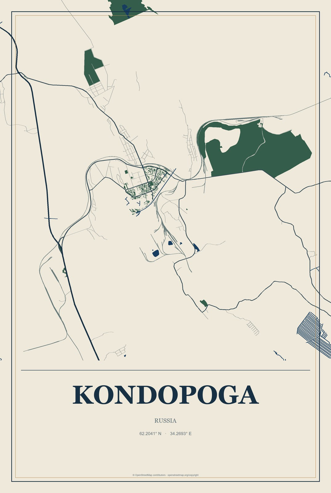 Kondopoga, Russia City Map Aluminum Sign in Coastal Cutout style