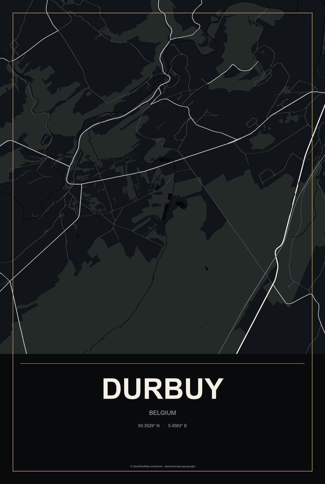 Durbuy, Belgium City Map Aluminum Sign in Metropolitan Noir style