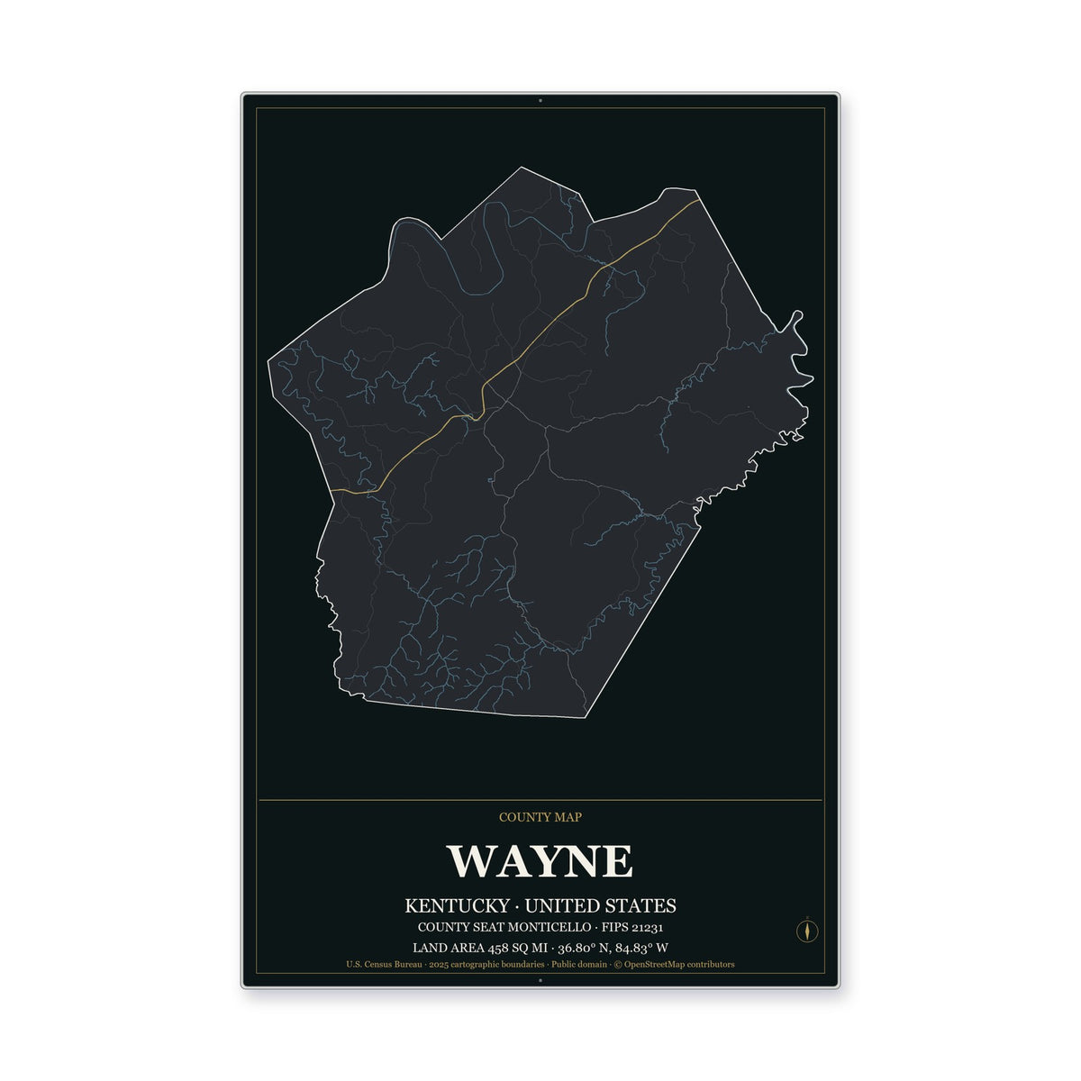 Wayne County, Kentucky Map Aluminum Sign in Metropolitan Noir style
