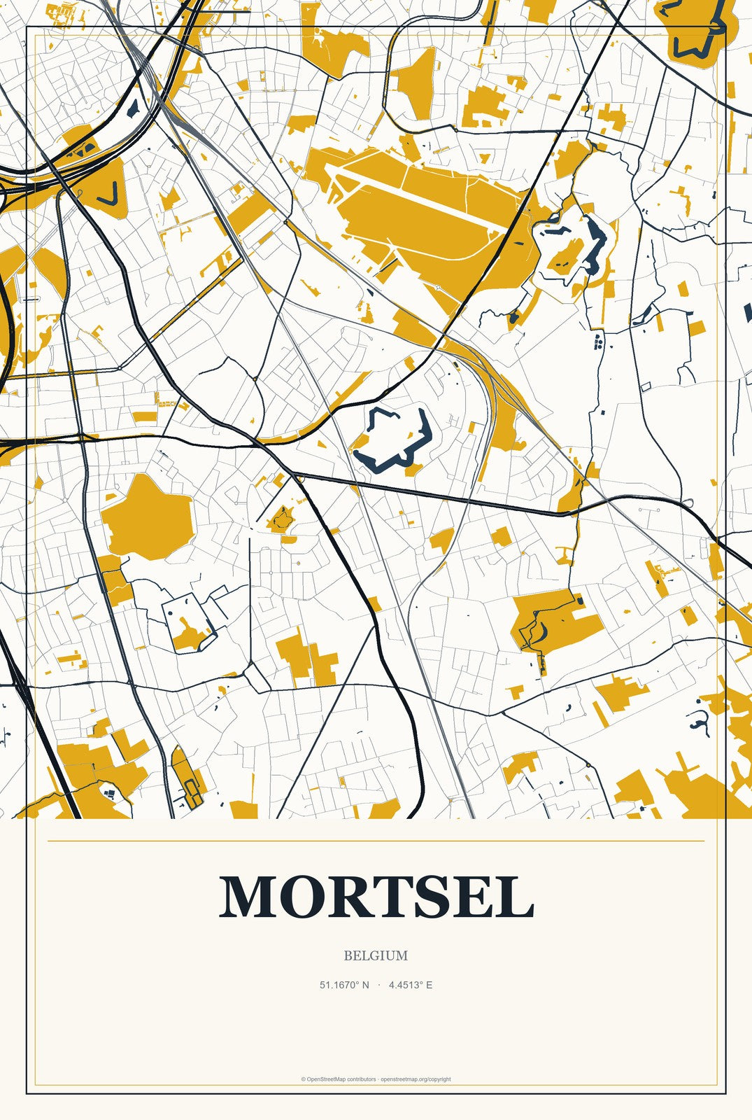 Mortsel, Belgium City Map Aluminum Sign in Citrine Modern style