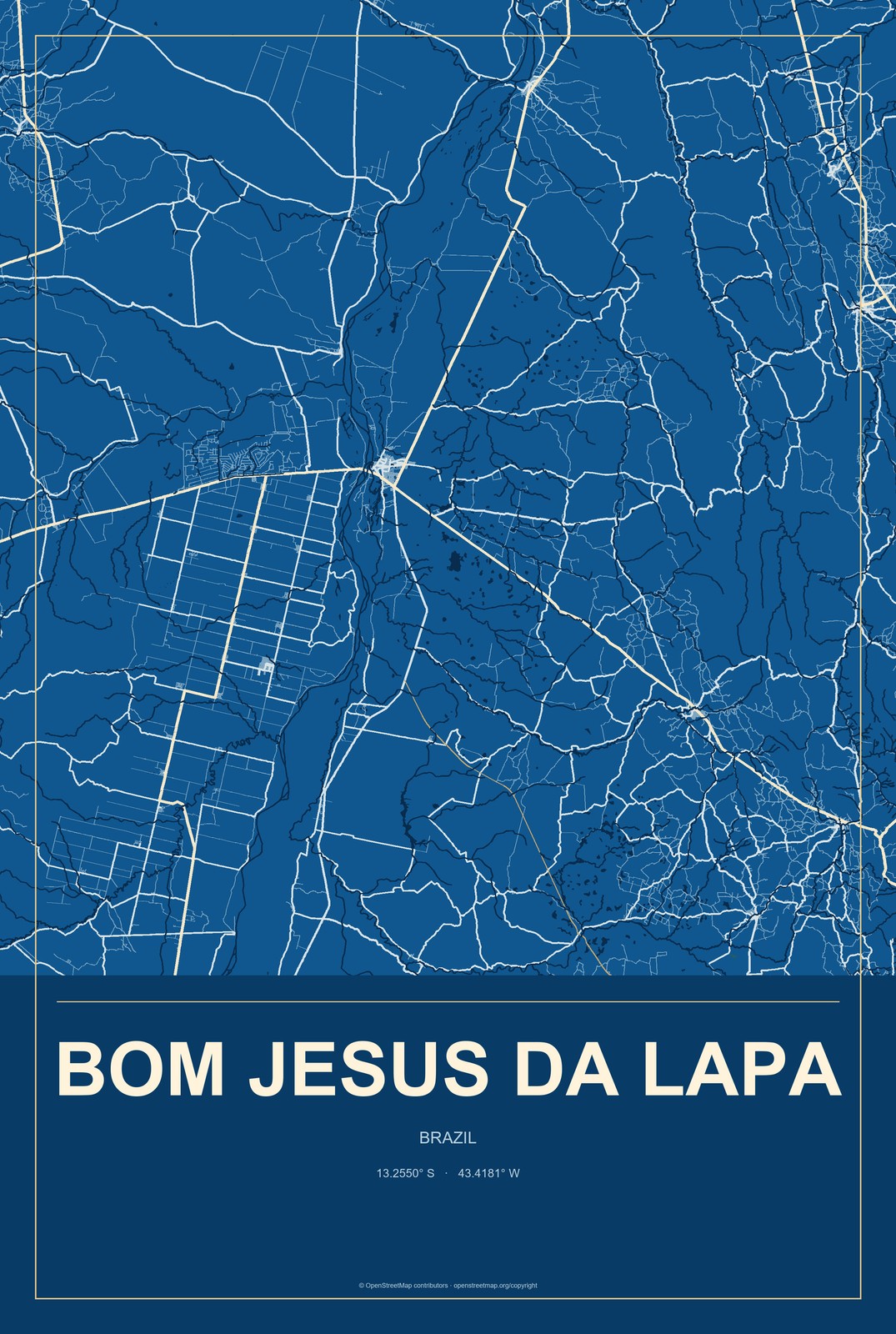 Bom Jesus da Lapa, Brazil City Map Aluminum Sign in Harbor Cobalt style