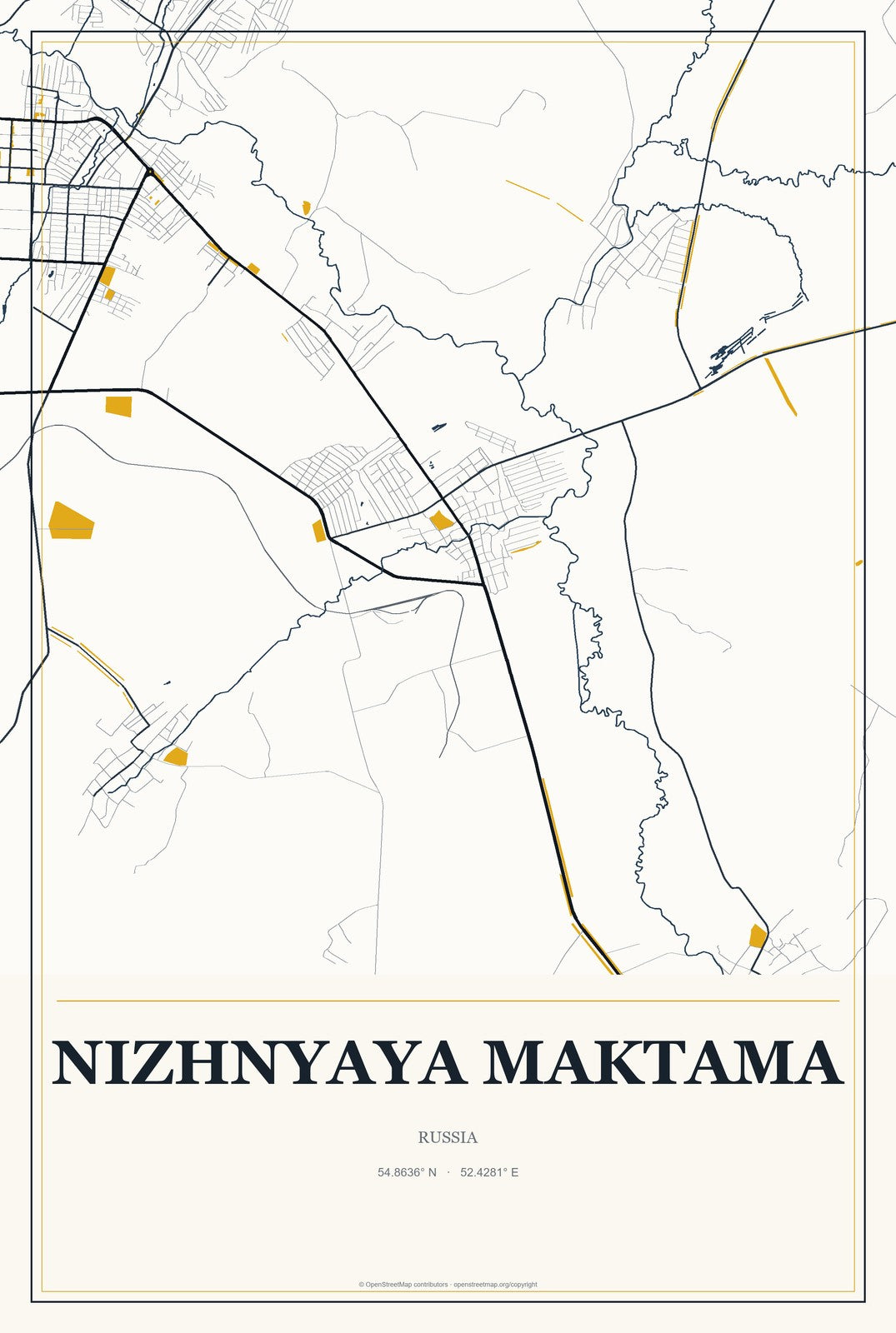 Nizhnyaya Maktama, Russia City Map Aluminum Sign in Citrine Modern style
