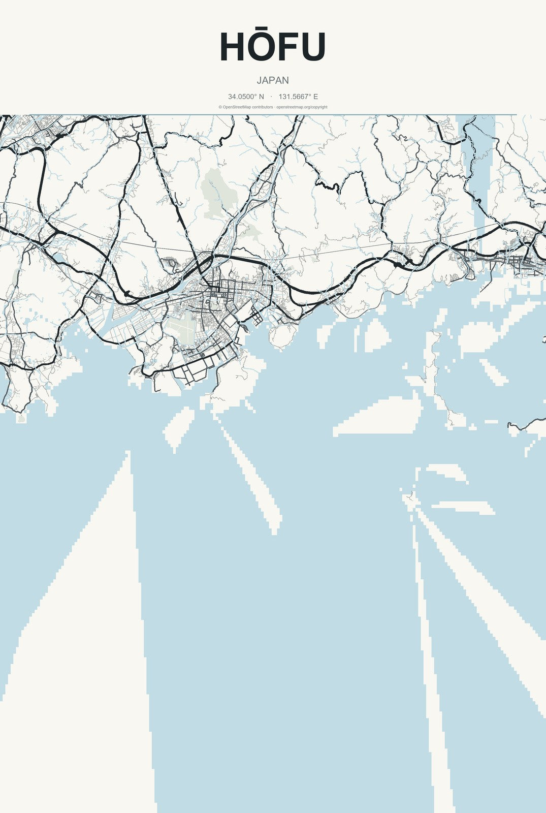 Hōfu, Japan City Map Aluminum Sign in Headline Atlas style