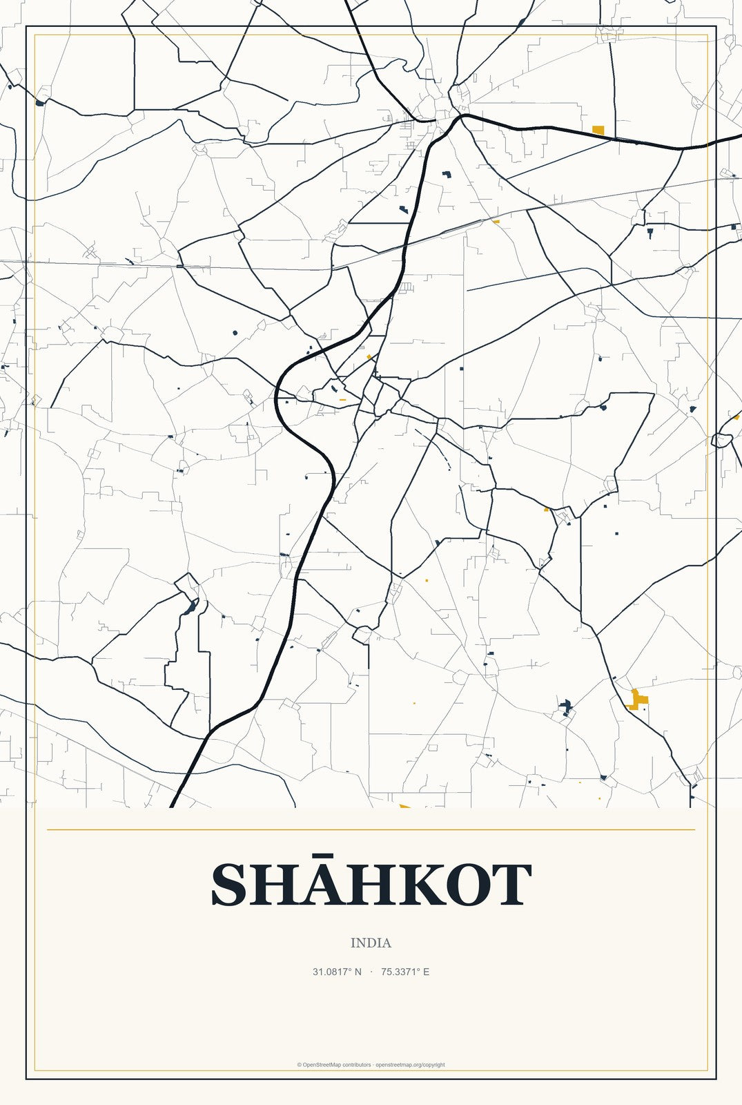 Shāhkot, India City Map Aluminum Sign in Citrine Modern style