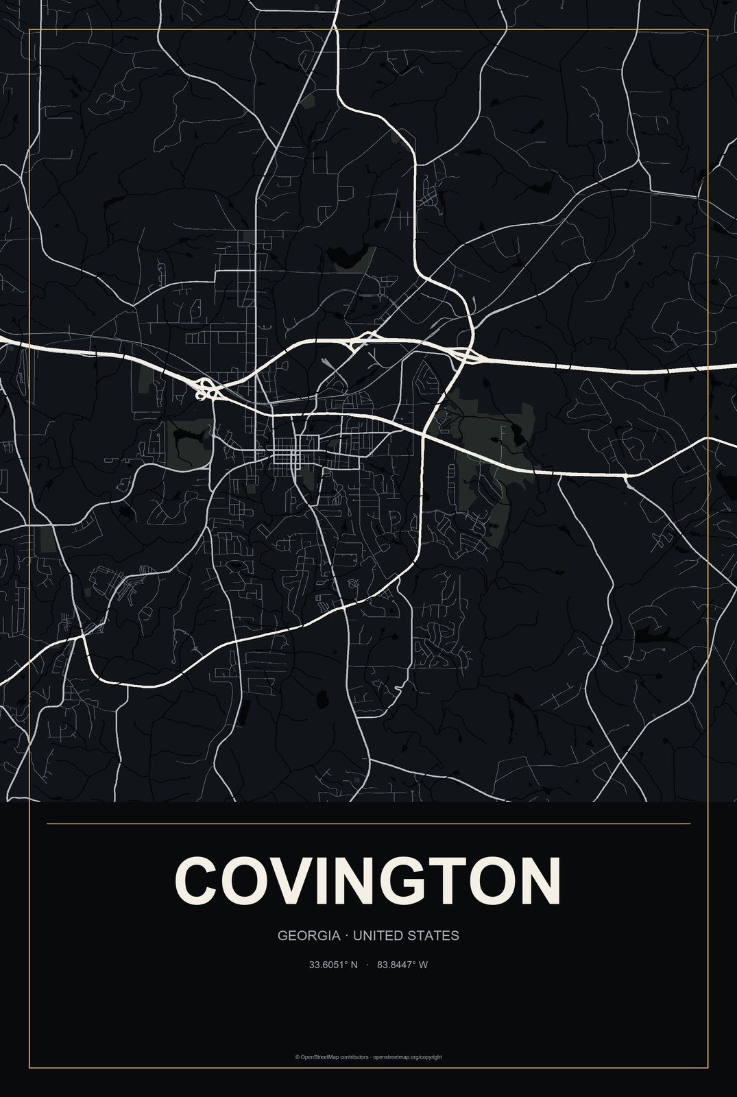 Covington, Georgia City Map Aluminum Sign in Metropolitan Noir style