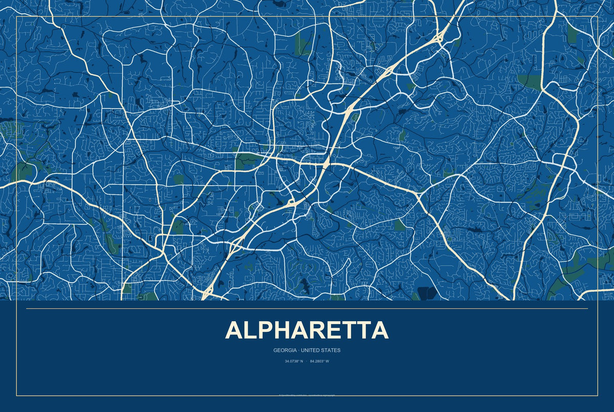 Alpharetta, Georgia City Map Aluminum Sign in Harbor Cobalt style