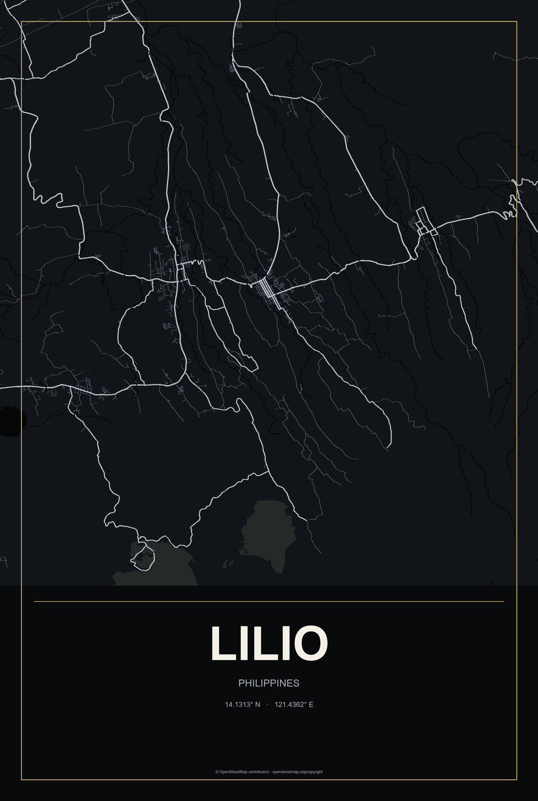 Lilio, Philippines City Map Aluminum Sign in Metropolitan Noir style