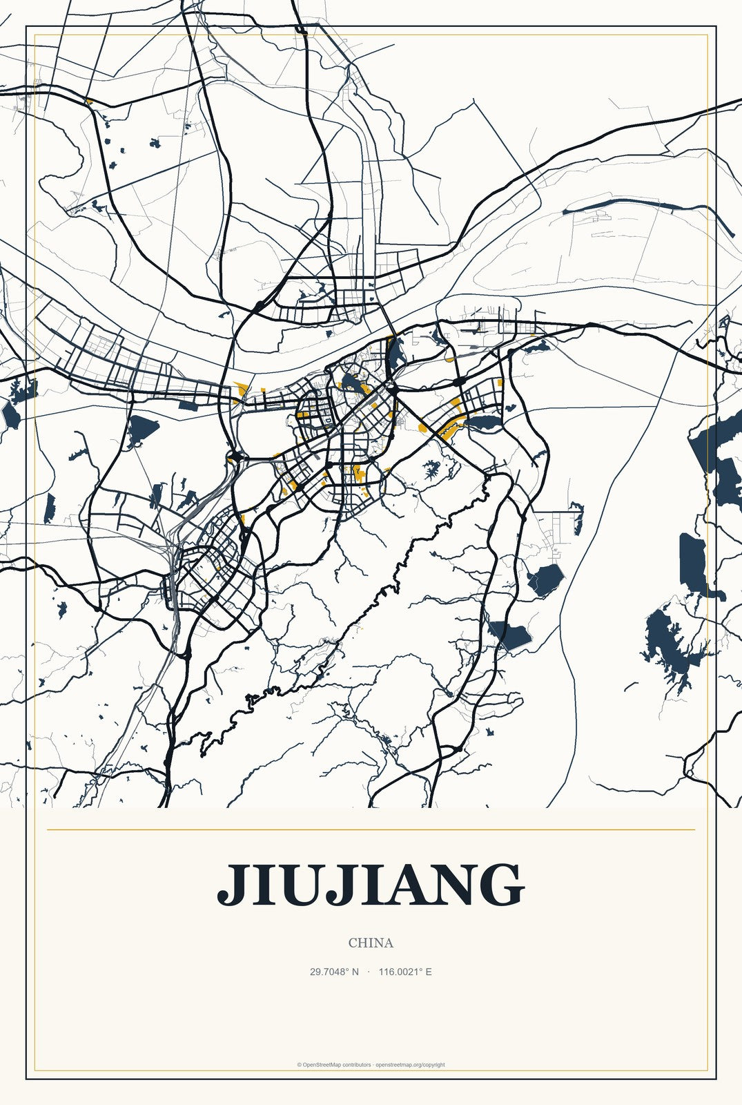 Jiujiang, China City Map Aluminum Sign in Citrine Modern style