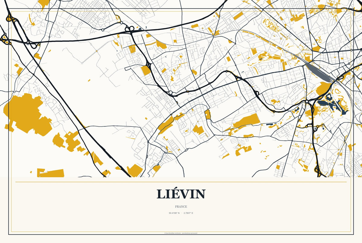Liévin, France City Map Aluminum Sign in Citrine Modern style