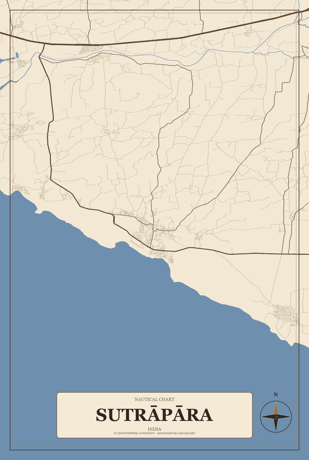 Sutrāpāra, India City Map Aluminum Sign in Heritage Nautical style