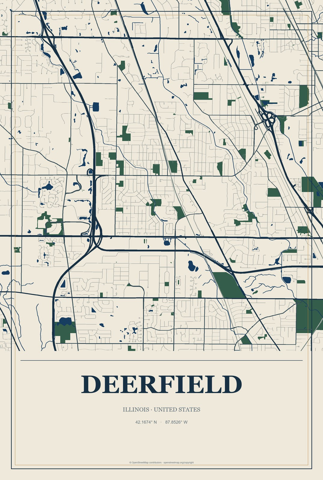 Deerfield, Illinois City Map Aluminum Sign in Coastal Cutout style