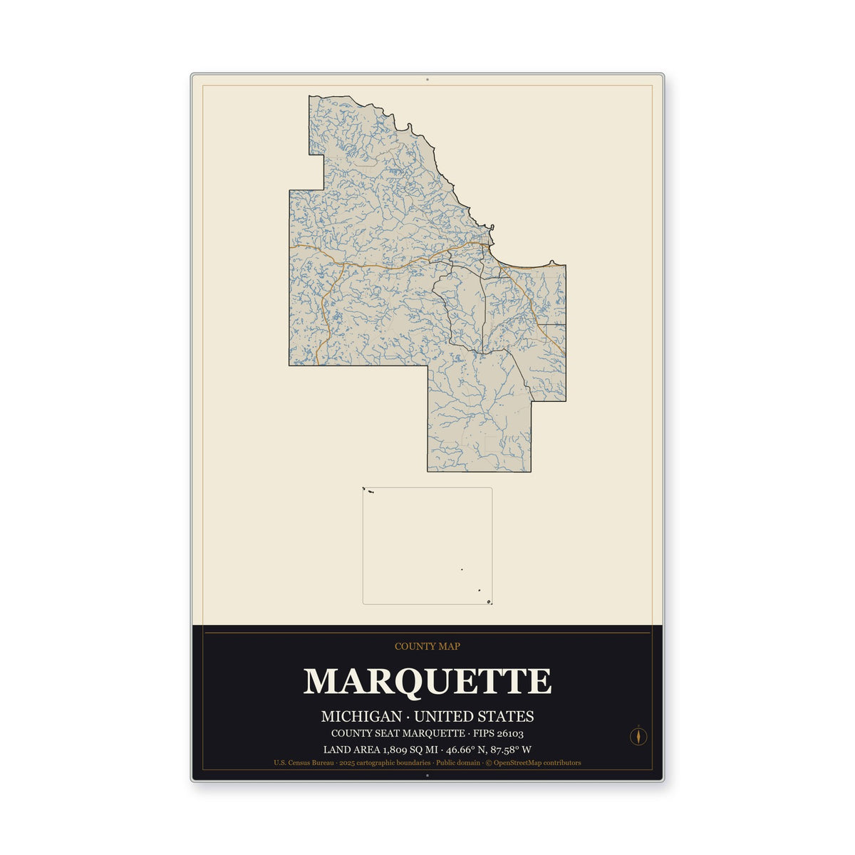 Marquette County, Michigan Map Aluminum Sign in Museum Plaque style