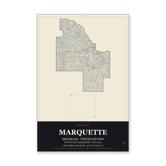 Marquette County, Michigan Map Aluminum Sign in Museum Plaque style