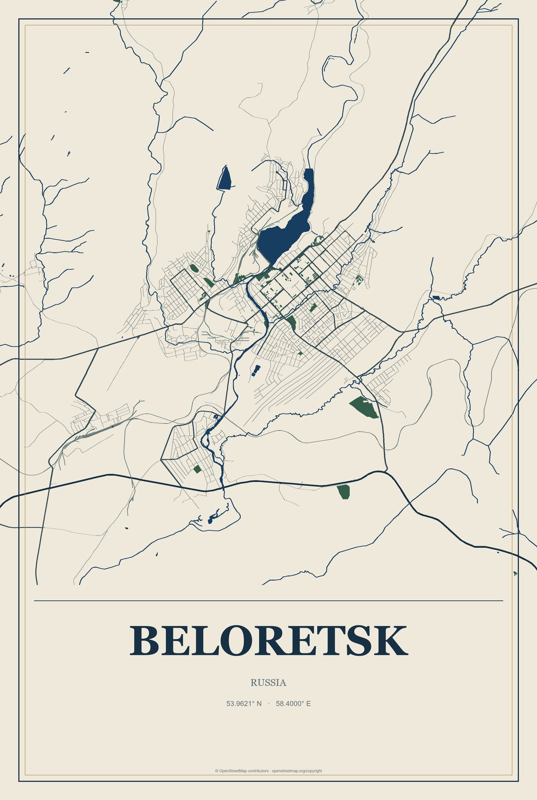 Beloretsk, Russia City Map Aluminum Sign in Coastal Cutout style