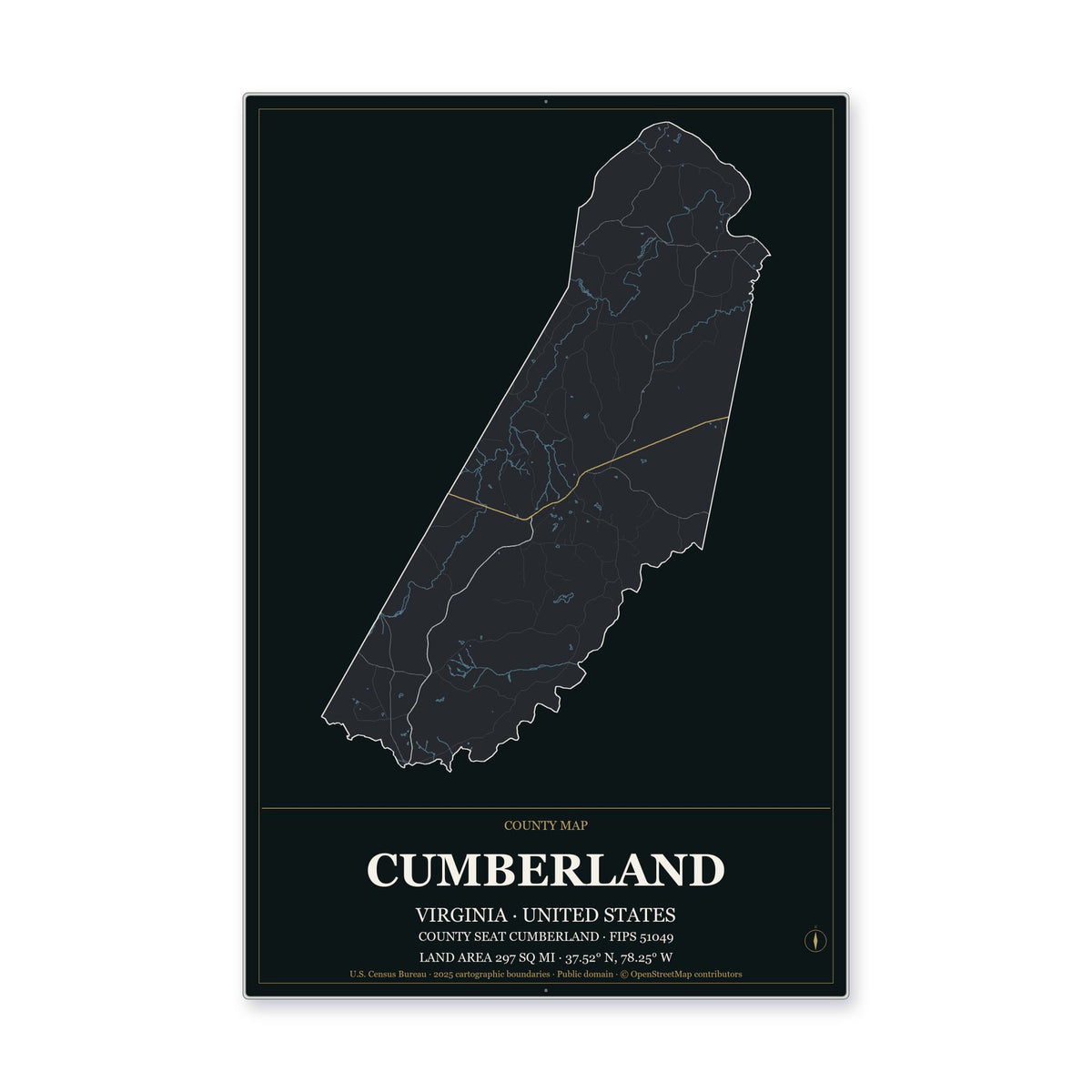 Cumberland County, Virginia Map Aluminum Sign in Metropolitan Noir style