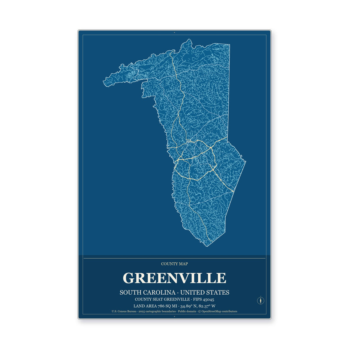 Greenville County, South Carolina Map Aluminum Sign in Harbor Cobalt style